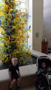 Forest and Rowan at the Oklahoma City Art Museum next to the Chihuly glass tower
