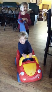 the boys found a fun toy at a breakfast restaurant